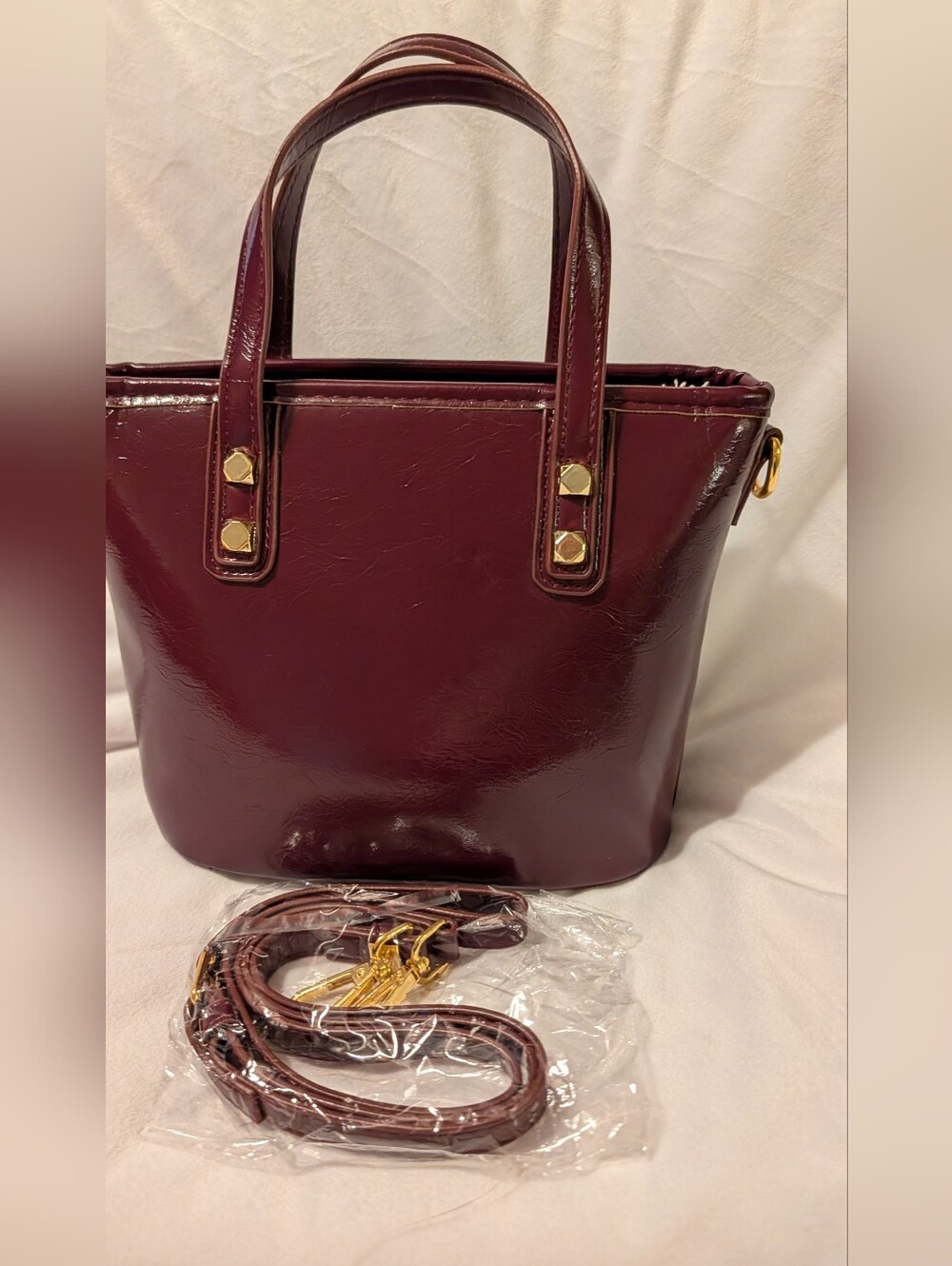Mini Satchel Crossbody Vegan Patent Leather Burgundy Gold NWOT - Picture 2 of 9
